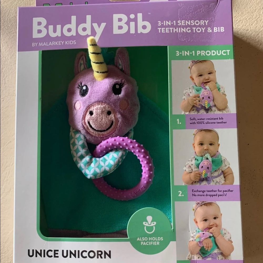 NIB, Attached, Unopened - Malarkey Kids Buddy Bib - “UNICE UNICORN” - Baby Bib